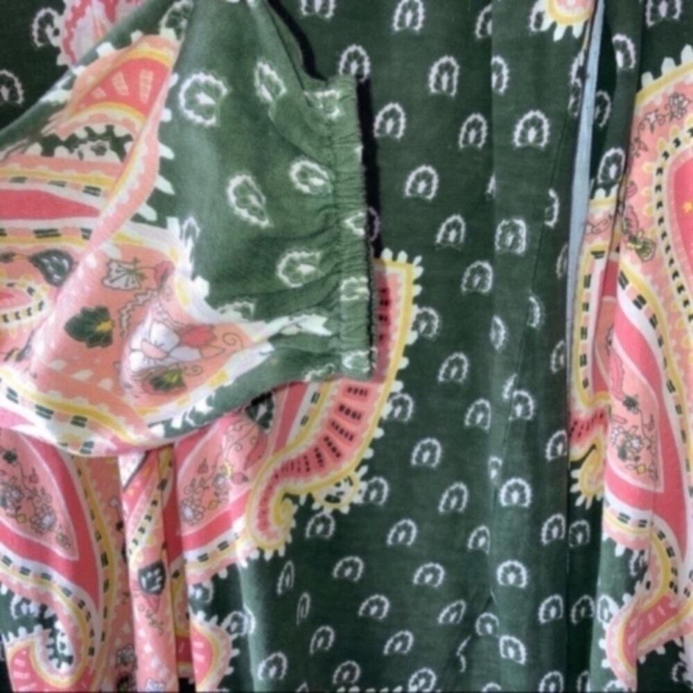 Lucky Brand Olive Green Paisley Boho Peasant Blouse 100% Cotton Small - Picture 3 of 5